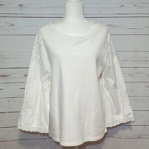 Soft Surroundings White Peasant Top Cotton Eyelet Bell Sleeve Boho Women's Large
